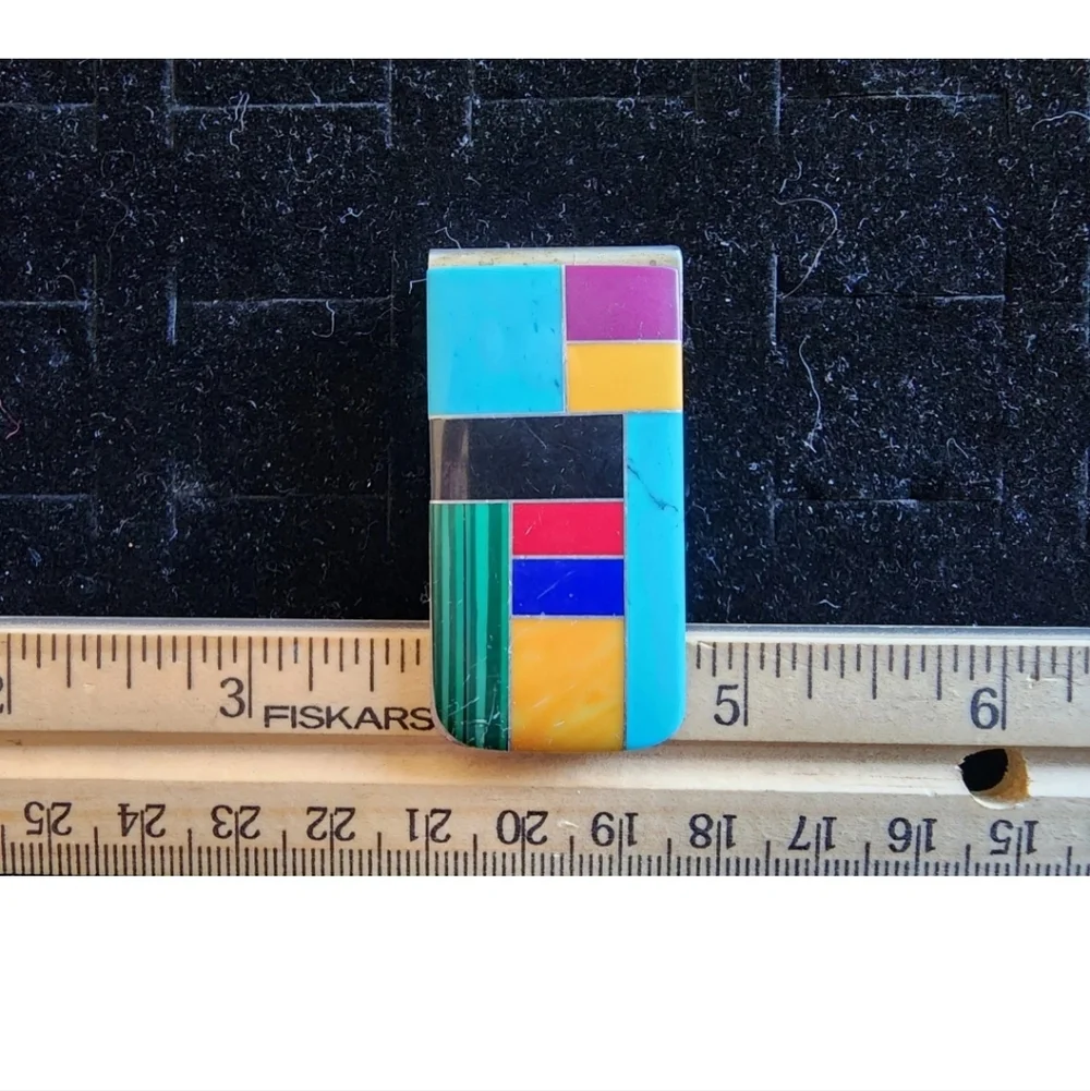 Handmade Navajo Money Clip Inlaid Real Turquoise Coral Lapis Lazuli Onyx Used